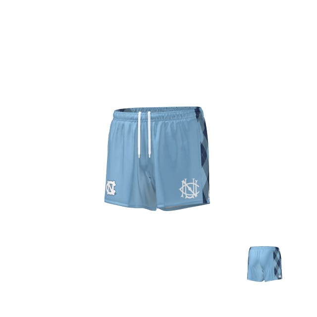 The Teamatical UNC Rugby Canterbury Pocketed Gym Shorts are light blue athletic shorts with white drawstrings, white logos, and a dark blue argyle side pattern.
