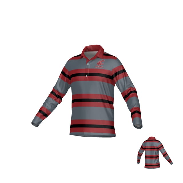 Show your Washington State rugby pride in the Teamatical Washington State Rugby DNA LS Pique Polo Shirt, featuring grey and maroon stripes, a collar, and a WSU Cougars logo on the front.