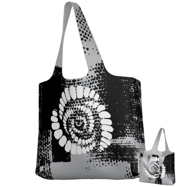 The Missoula All-Maggots Denver Packable Zip Tote by Teamatical features a black and white abstract spiral design and comes with a small matching pouch.
