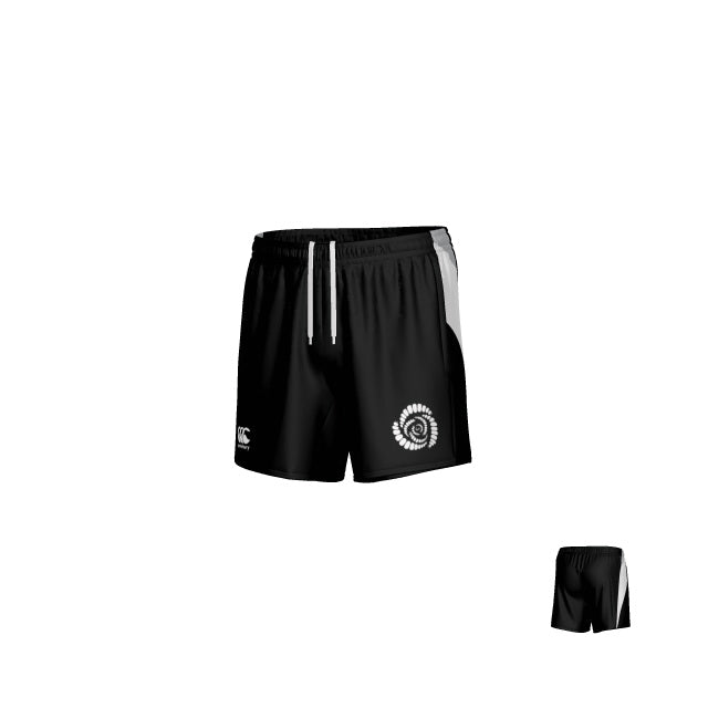 Missoula All-Maggots Canterbury Hunter Pocket Gym Shorts by Teamatical are black athletic shorts featuring white drawstrings, a white side stripe, and two white logos on the front left and right sides, displayed on a plain white background.