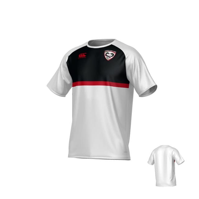 The Teamatical Loudon Rugby Canterbury Legacy Performance Tee is a white short-sleeve jersey with black and red accents, a chest logo on the left, a small red logo on the right, and a plain white back.