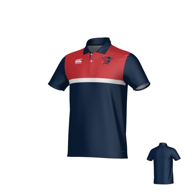 The Teamatical Charlotte Cardinals Canterbury Legacy Performance Polo features a navy blue body, red shoulders, white chest stripe, front left and right logos, and a solid navy blue back.
