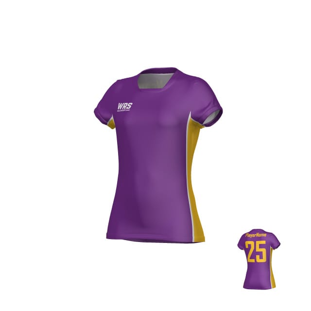 The Teamatical WRS WOMENS PRO JERSEY - CLEAN is a purple, short-sleeved sports jersey for women with yellow side panels, "WRS" on the front, and "25" plus "Player Name" on the back.