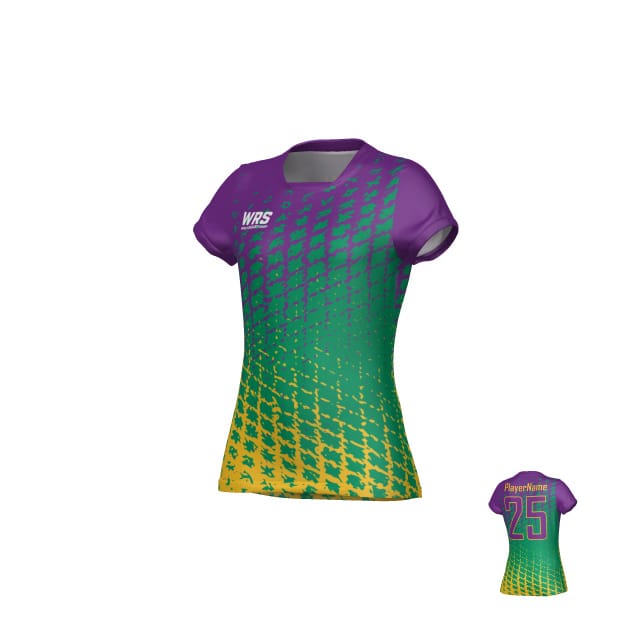 The Teamatical WRS WOMENS PRO JERSEY - CROSSHATCH is a short-sleeve athletic jersey with a purple, green, and yellow gradient, featuring "Player Name" and number 25 on the back.