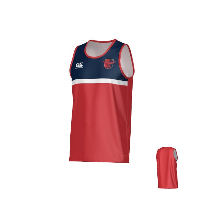 The Charlotte Cardinals Canterbury Legacy Performance Singlet by Teamatical is a sleeveless jersey with a navy upper, white stripe, red lower front with logo and brand mark, and a solid red back.