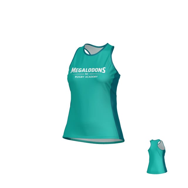 The Teamatical NC Megalodons DNA Denver Tank - Women's features DNA-FLEX fabric, moisture management, and "MEGALODONS NC RUGBY ACADEMY" in white on the front, shown from both front and back angles.