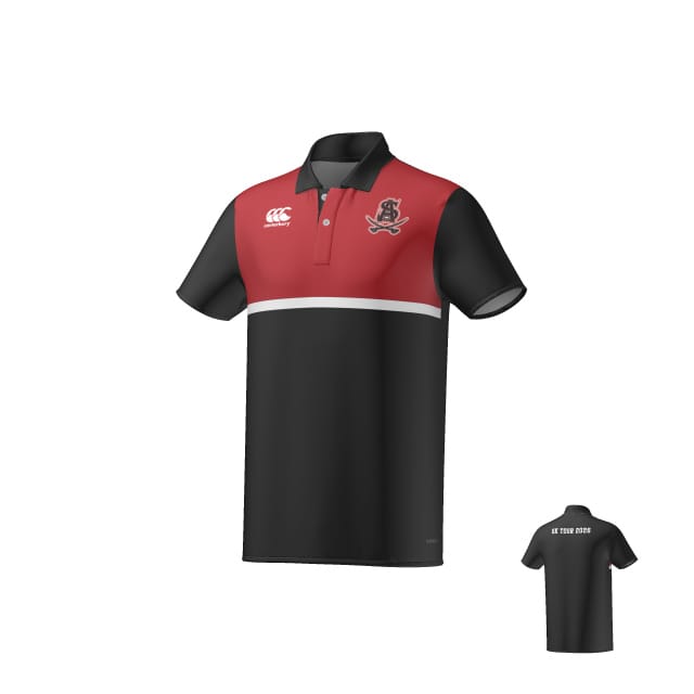 The Archbishop Spalding ECO-SUBLIMATE SS POLO by Teamatical features black and red short sleeves, a white button placket, embroidered chest logos, and "BE YOUR OWN" text on the back.