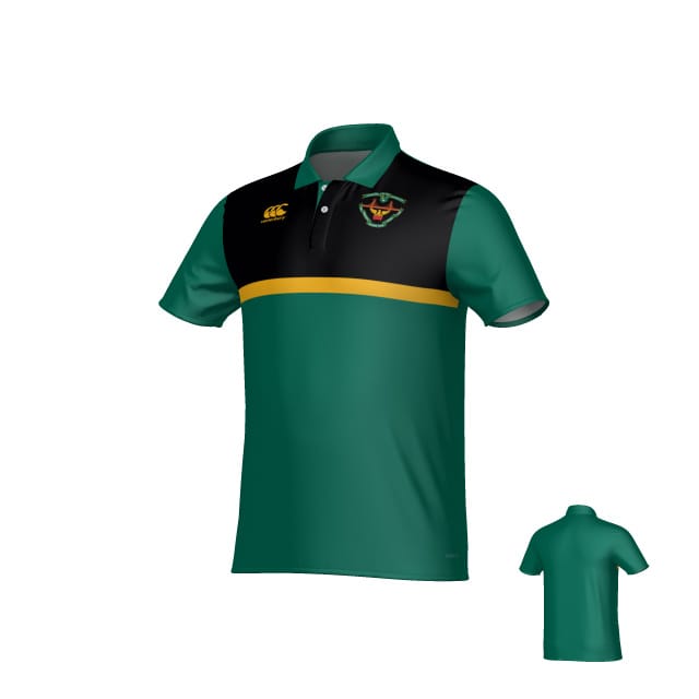 Teamatical San Francisco Golden Gate Canterbury Legacy Performance Polo: green short-sleeve, black and yellow accents, logo on left chest, collared; back view shown smaller.
