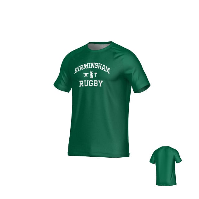 The Birmingham Vulcans Text DNA Crew Performance Tee by Teamatical is a green short-sleeve training shirt with "Birmingham Rugby" and crossed rugby logos on the front, featuring moisture management for comfort. Plain back view also shown.
