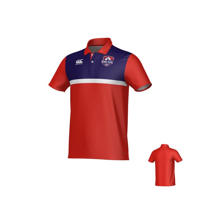 The Teamatical CenCal Rugby Canterbury Legacy Performance Polo features red and navy blue short sleeves, a white stripe, team logo on the left chest, small white logo on the right chest, and a solid red back.