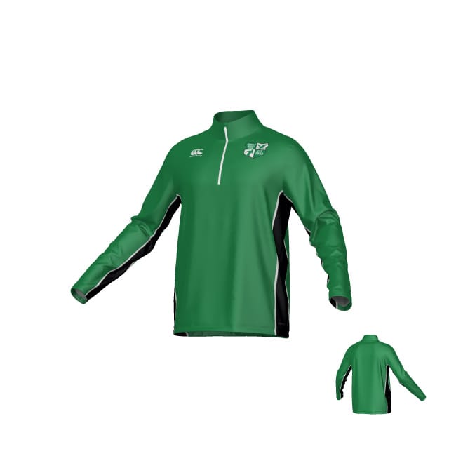 The Teamatical Zionsville Rugby Canterbury Kirra Midlayer 1/4 zip is a green and black long-sleeve pullover with a quarter-zip front, standing collar, team logo on the left chest, solid green back, and black side panels.