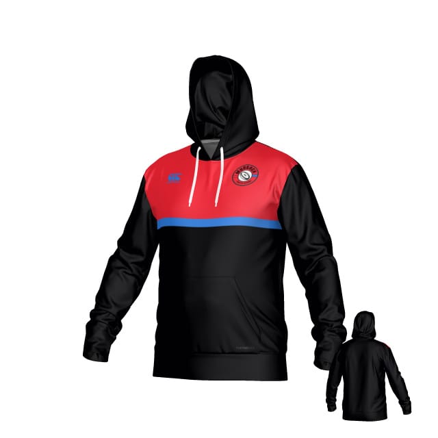 The Teamatical Mudsock Rugby Canterbury Legacy Performance Hoodie features a black base, red upper section, blue horizontal stripe, front pocket, and circular left chest logo. Back view is also displayed.