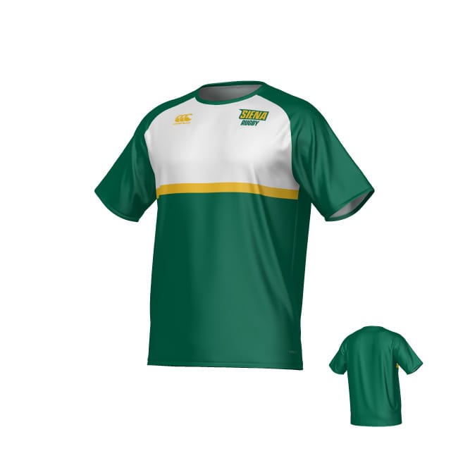 The Teamatical Siena College Canterbury Performance Tee features green and white short sleeves, a yellow chest stripe, and the Siena Rugby logo on the left chest; back view included.