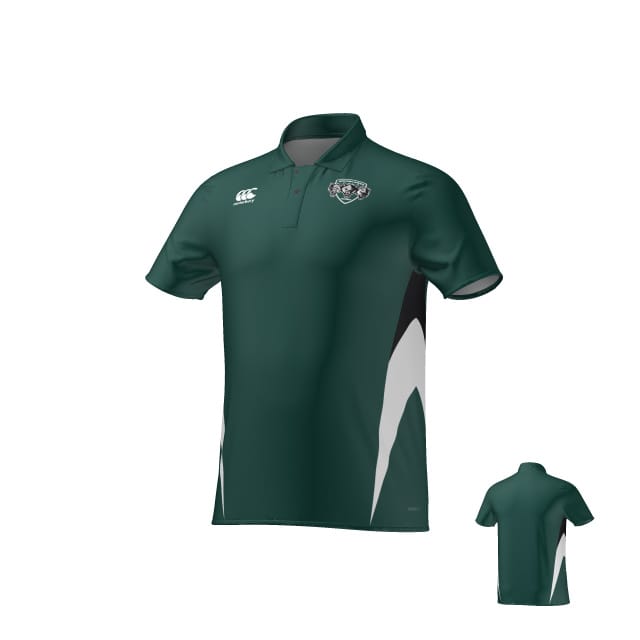 The Teamatical Woodlands Rugby Canterbury Performance Polo features dark green short sleeves, a white and black side design, team logo on the chest, and manufacturer’s logo opposite. Front and back views shown.