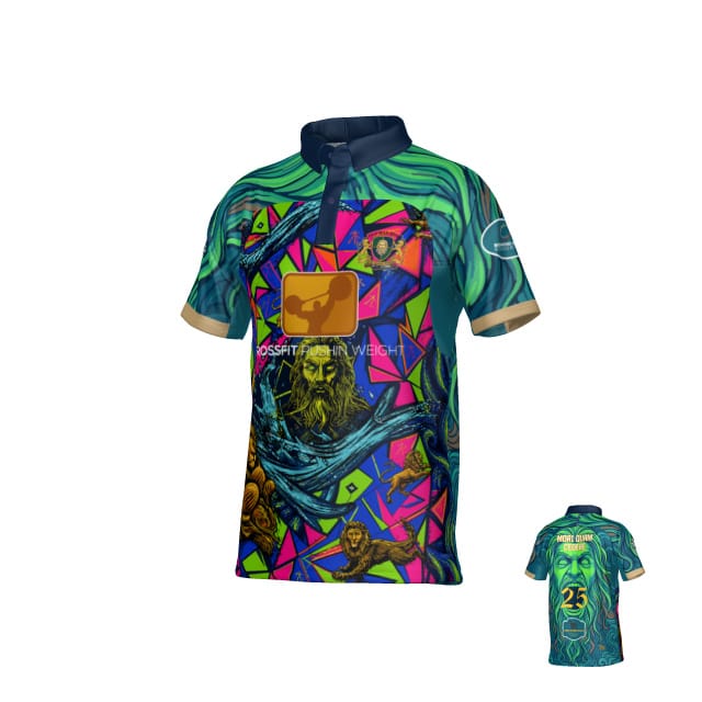 The Teamatical Old Man Rivah Rugby Men's Regular Fit Centenary Match Jersey features vibrant, multicolored geometric and jungle animal designs, a front logo, and the number 25 on the back.