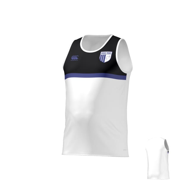 The Teamatical OMBAC Youth Rugby Canterbury Performance Singlet is a sleeveless sports jersey featuring a black and white design, blue chest stripe, and a shield logo on the upper left.