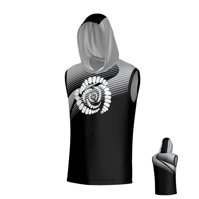 The Missoula All-Maggots Sleeveless Hoodie Tee by Teamatical features a sleeveless black and gray design with a white circular abstract motif on the front and diagonal gray stripes across the chest and shoulder.