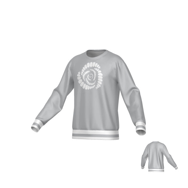 Missoula All-Maggots Denver Crew by Teamatical: a gray sweatshirt featuring a white spiral design on the front and white stripes on the cuffs and hem, displayed from both front and back views.