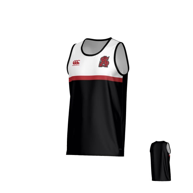 The Teamatical Archbishop Spalding Canterbury Legacy Performance Singlet is a sleeveless black tank with a white upper section, red stripe, left chest logo, small red right chest logo, and back view shown in the corner.