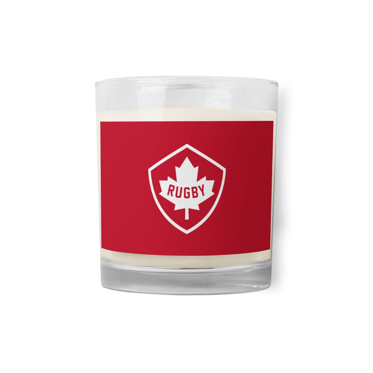 An environmentally friendly Rugby Canada Red Glass Jar Soy Wax Candle with the brand name PF LIC on it.