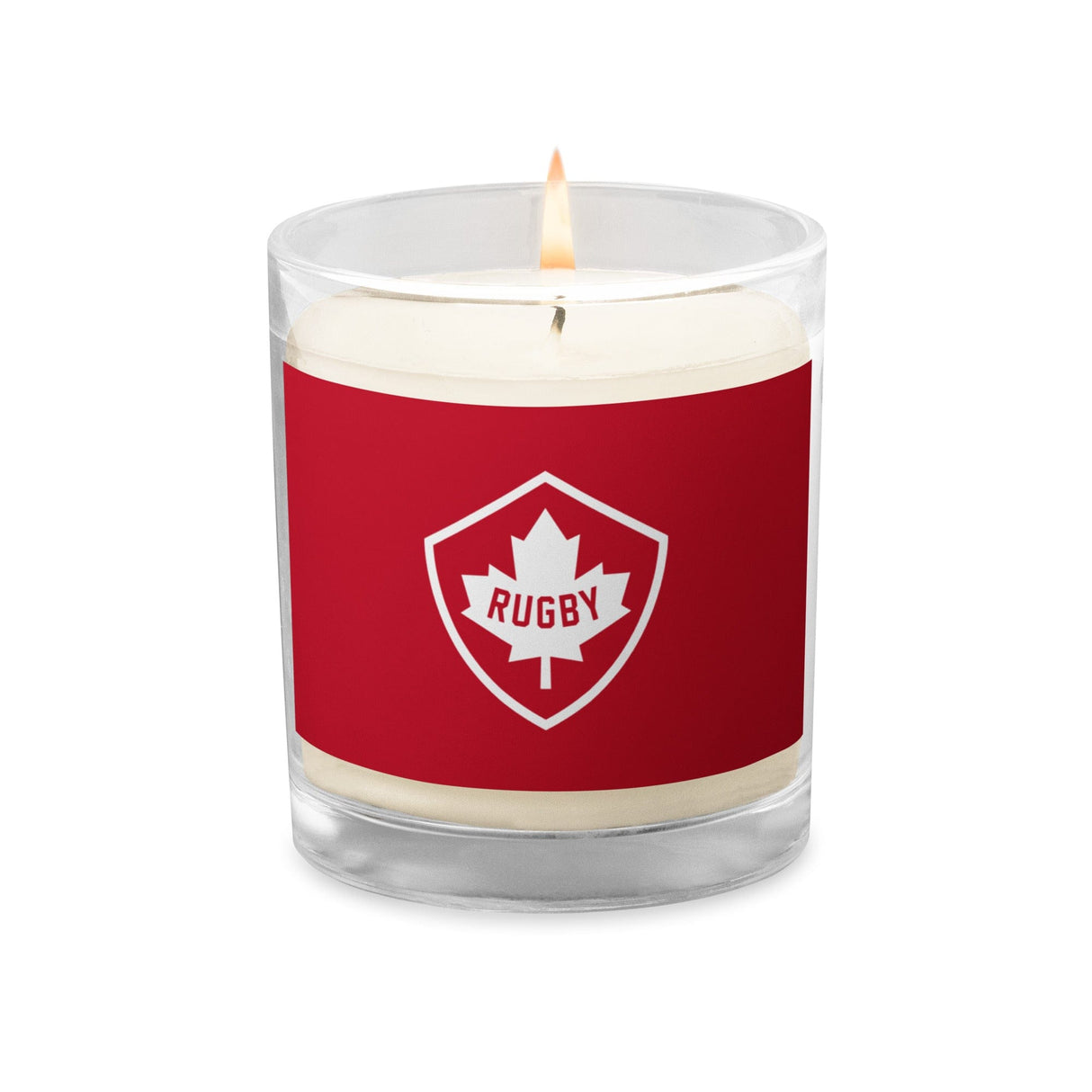 An environmentally friendly Rugby Canada Red Glass Jar Soy Wax Candle featuring the logo of the PF LIC team.