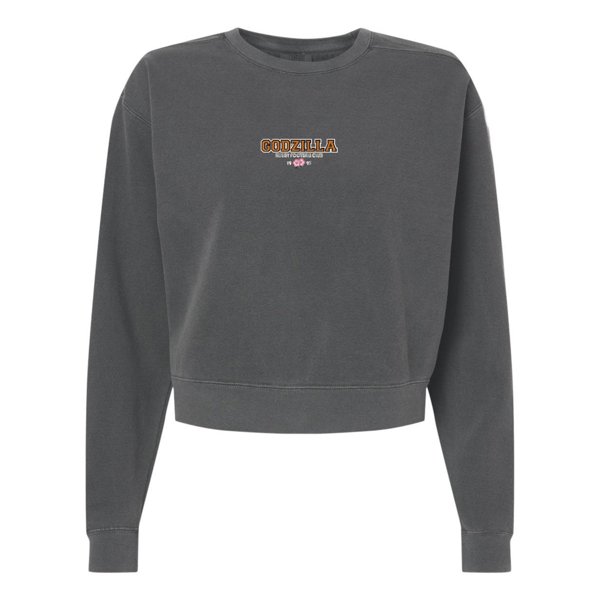 Introducing the Godzilla Rugby Football Club Women’s Garment-Dyed Mid-Length Crewneck Sweatshirt by EMB S&S Activewear. This dark gray, heavyweight fleece sweatshirt features a mid-length, slightly cropped silhouette for a contemporary look. The front center showcases “GORZILLA” and a gorilla graphic, making it a standout piece for any wardrobe.