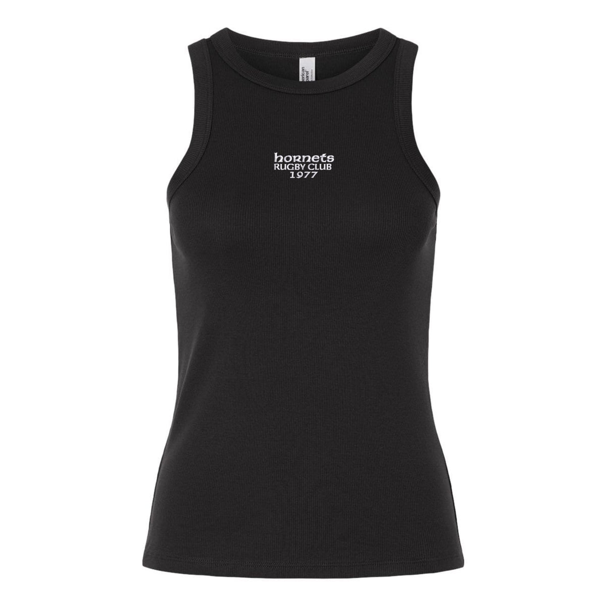 The EMB S&S Activewear Hornets Rugby Club 1977 Women’s Baby Rib Tank is a black sleeveless top featuring “hornets RUGBY CLUB 1977” printed in small white text on the chest. This classic stretch-fit tank provides a comfortable and flattering silhouette, making it ideal for everyday wear.