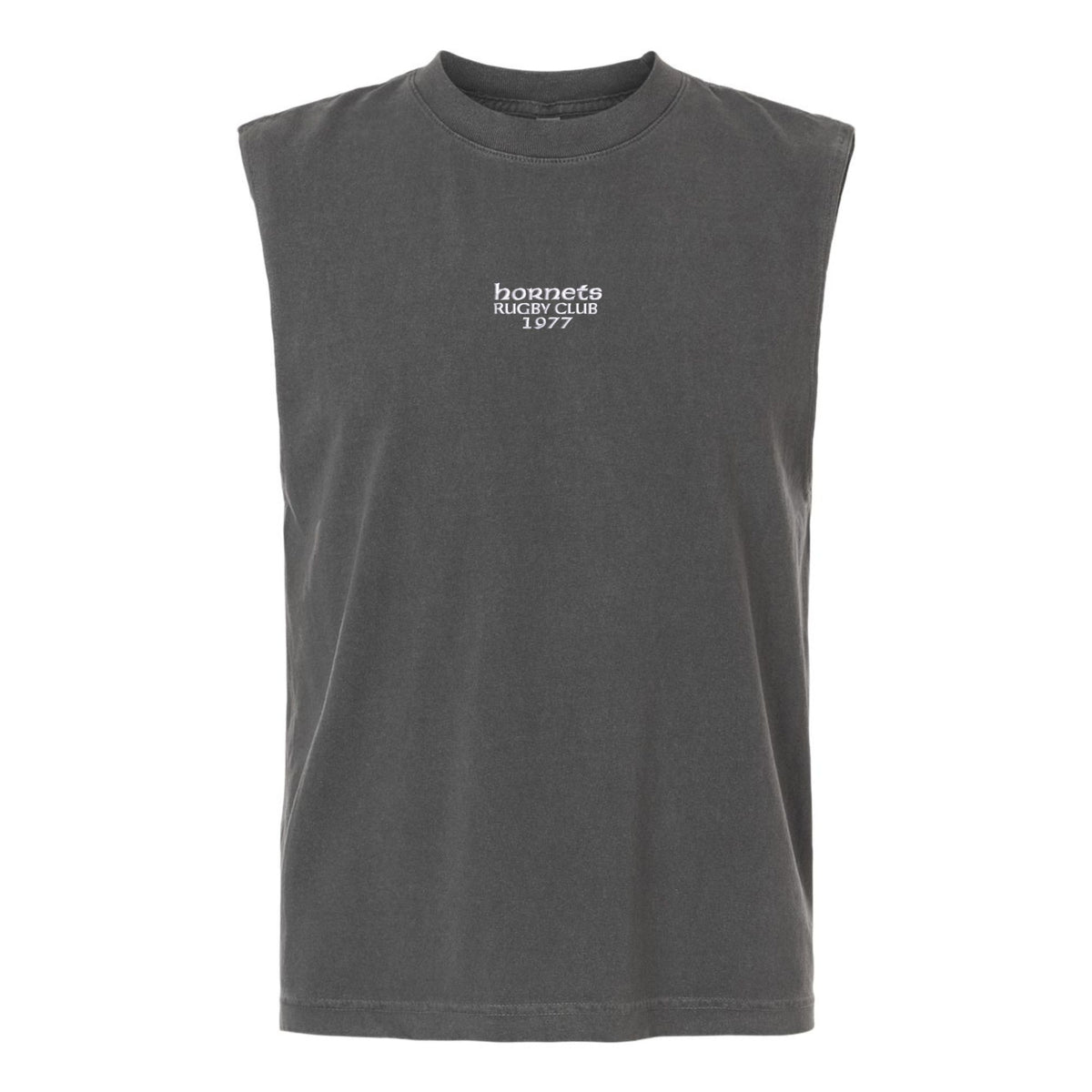 The Hornets Rugby Club 1977 Unisex Heavyweight Cotton Garment-Dyed Mid-Length Muscle Tee by EMB S&S Activewear is a sleeveless dark gray top, featuring small white “hornets RUGBY CLUB 1977” text printed on the chest.