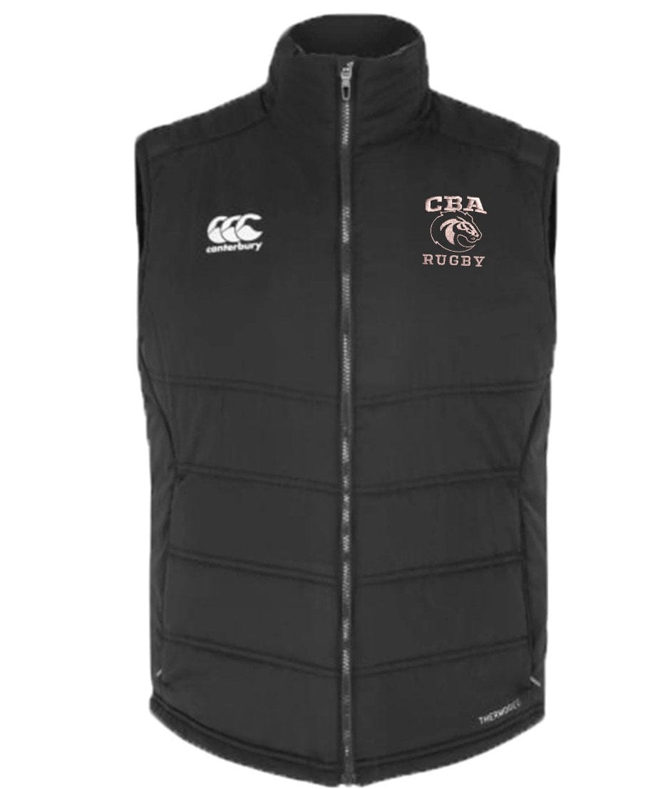 A water-resistant EMB Canterbury vest with the CBA Rugby Tonal Embroidered Canterbury Core Gilet logo on it.