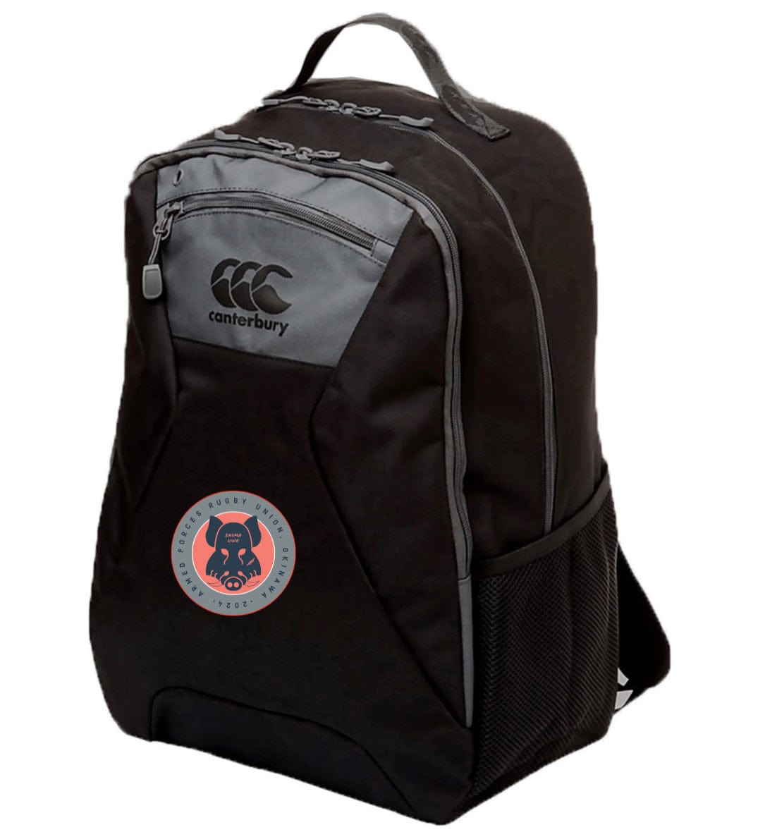 A black EMB Canterbury backpack featuring an Armed Forces RFU Okinawa logo, zippered compartments, and a side mesh pocket.