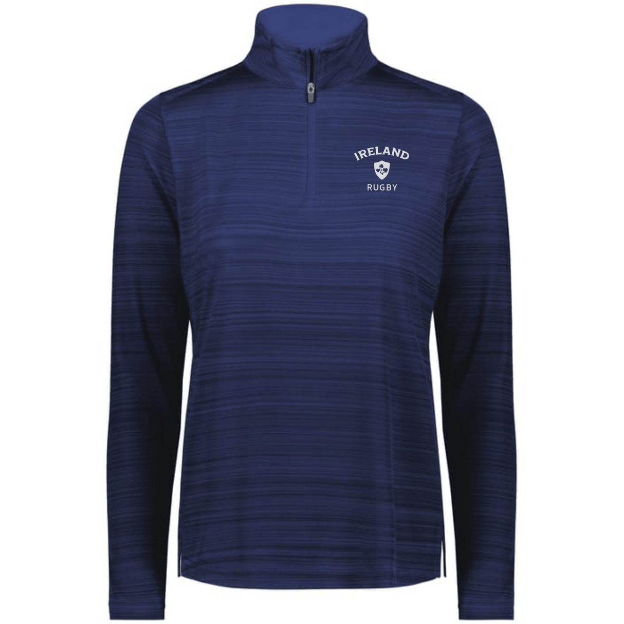 The EMB Augusta Women's Nations of Rugby Ireland Pursuit 1/4 Zip Pullover in navy features moisture-wicking fabric and "IRELAND RUGBY" with a rugby ball logo on the left chest.