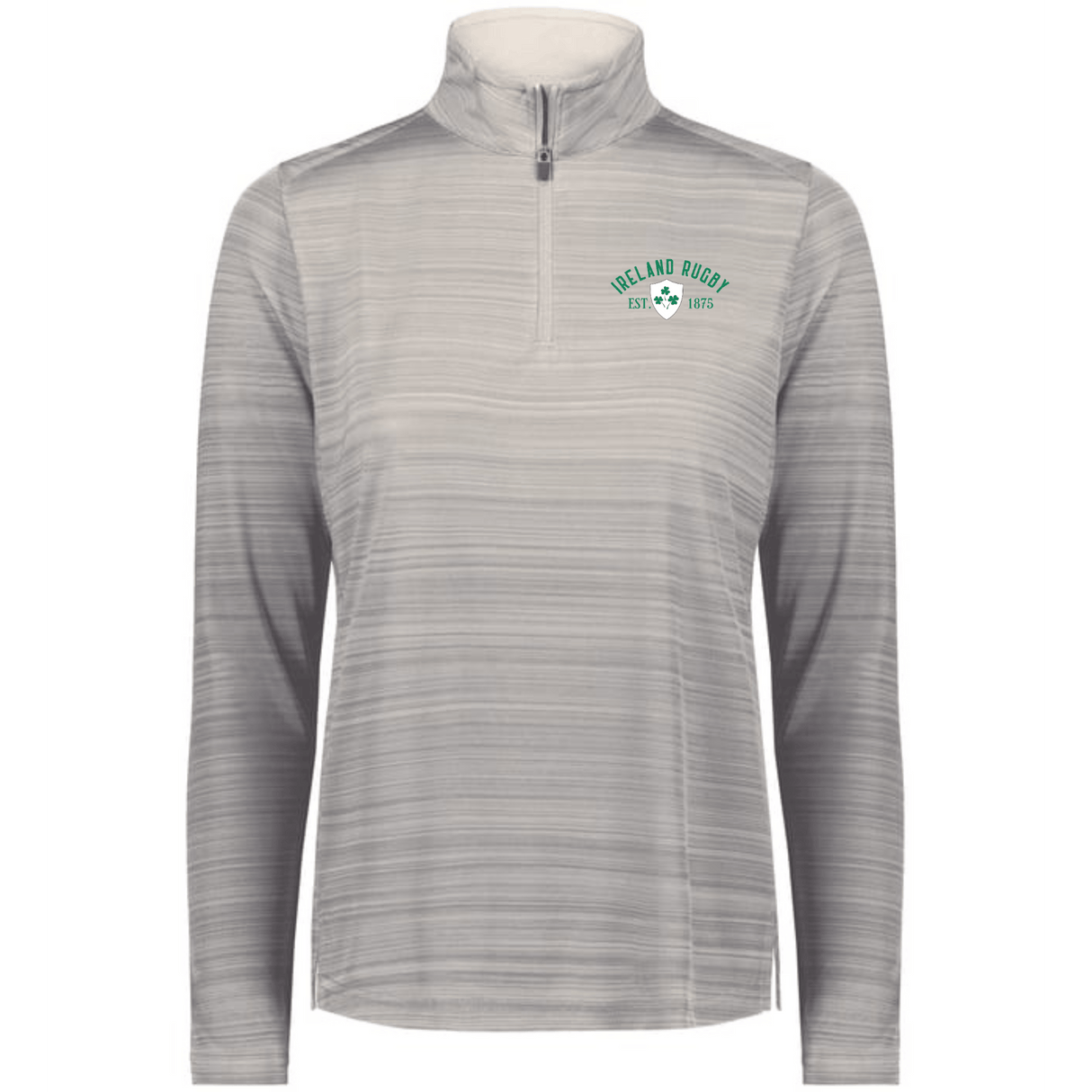 The EMB Augusta Women's Nations of Rugby Ireland 1875 Pursuit 1/4 Zip Pullover features light gray horizontal stripes and an "Ireland Rugby Est. 1875" chest logo—ideal style and comfort for fans and players.