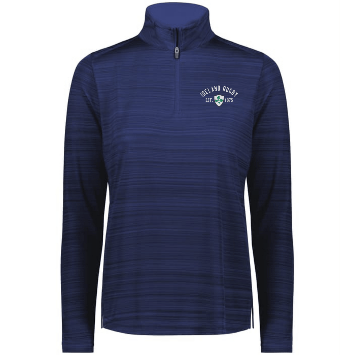 The EMB Augusta Women's Nations of Rugby Ireland 1875 Pursuit 1/4 Zip Pullover in navy features "Ireland Rugby Est. 1875" and a logo on the left chest, plus moisture-wicking fabric for all-day comfort.