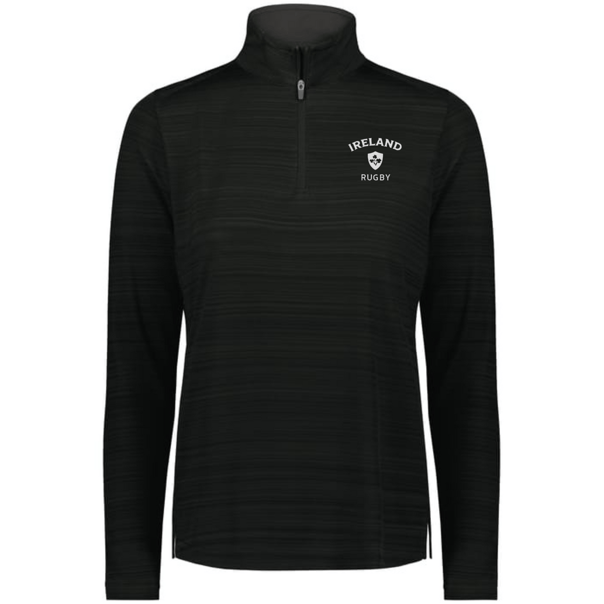 The EMB Augusta Women's Nations of Rugby Ireland Pursuit 1/4 Zip Pullover in black features moisture-wicking fabric, with "IRELAND RUGBY" and a white shamrock logo on the left chest.