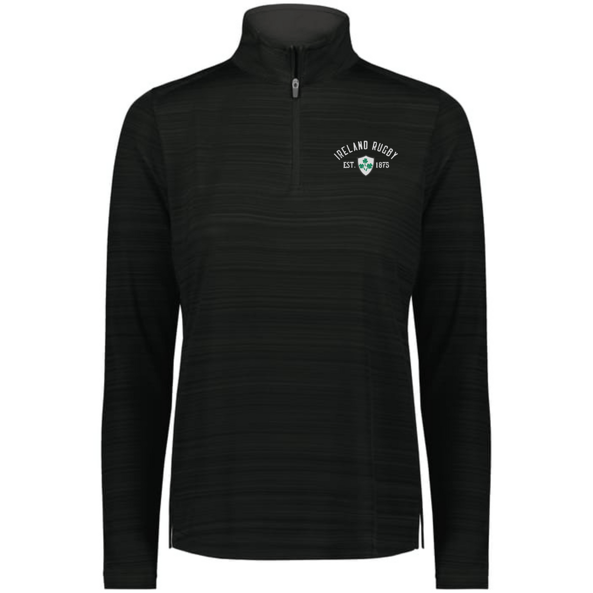 The EMB Augusta Women's Nations of Rugby Ireland 1875 Pursuit 1/4 Zip Pullover is a black, moisture-wicking long sleeve top with "Ireland Rugby EST 1875" and a shamrock logo embroidered on the left chest.