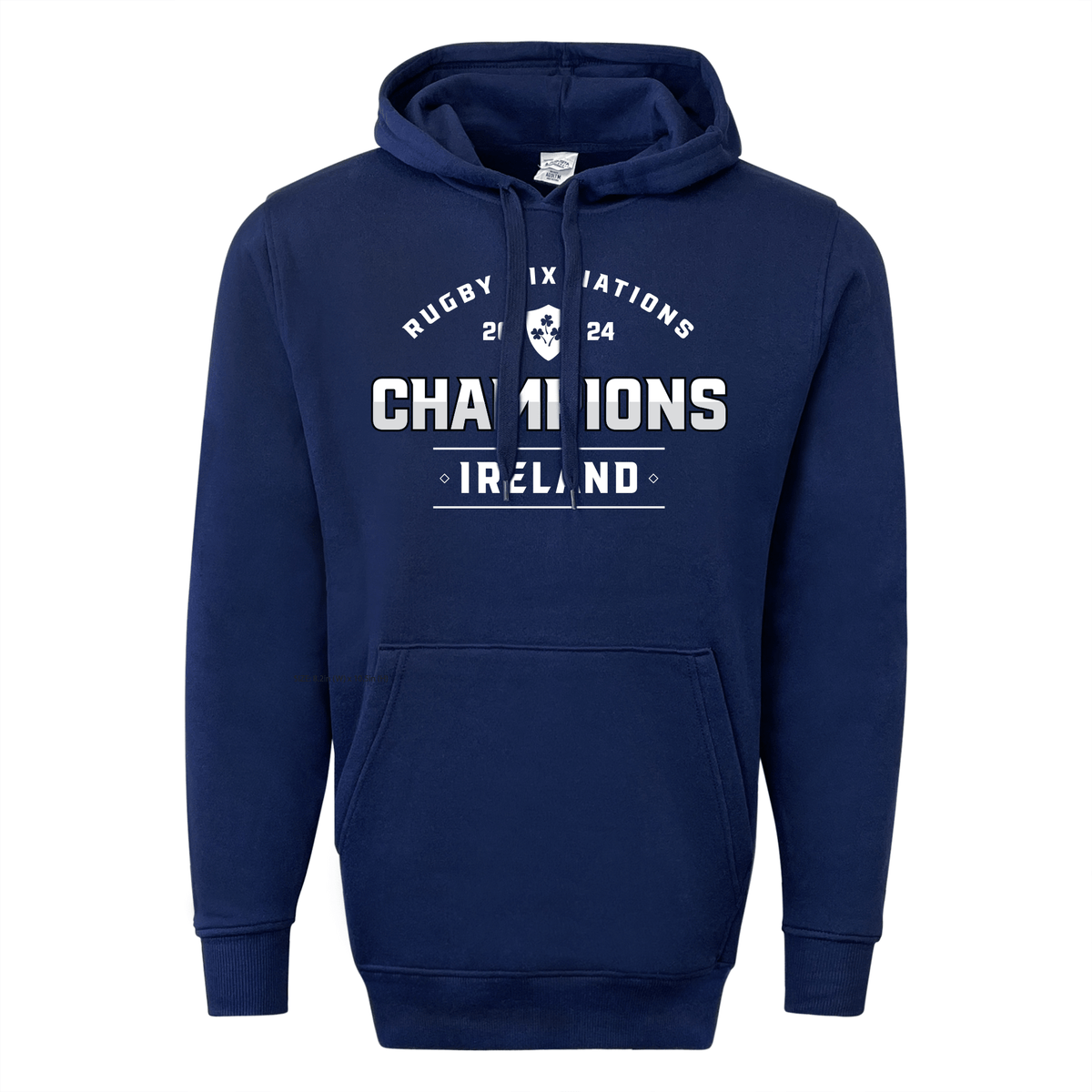 Blue Ireland 6 Nations 2024 Champions 60/40 Hoodie with "Six Nations Champs Ireland" text design by WRS Augusta.