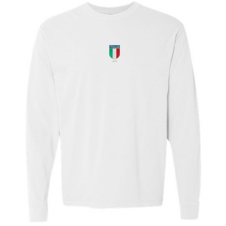 The EMB S&S Activewear Italy Vintage Long Sleeve Comfort Tee features a small Italia crest with Italian flag colors and "ITALIA 1939" text on the upper chest, offering a classic vintage look.