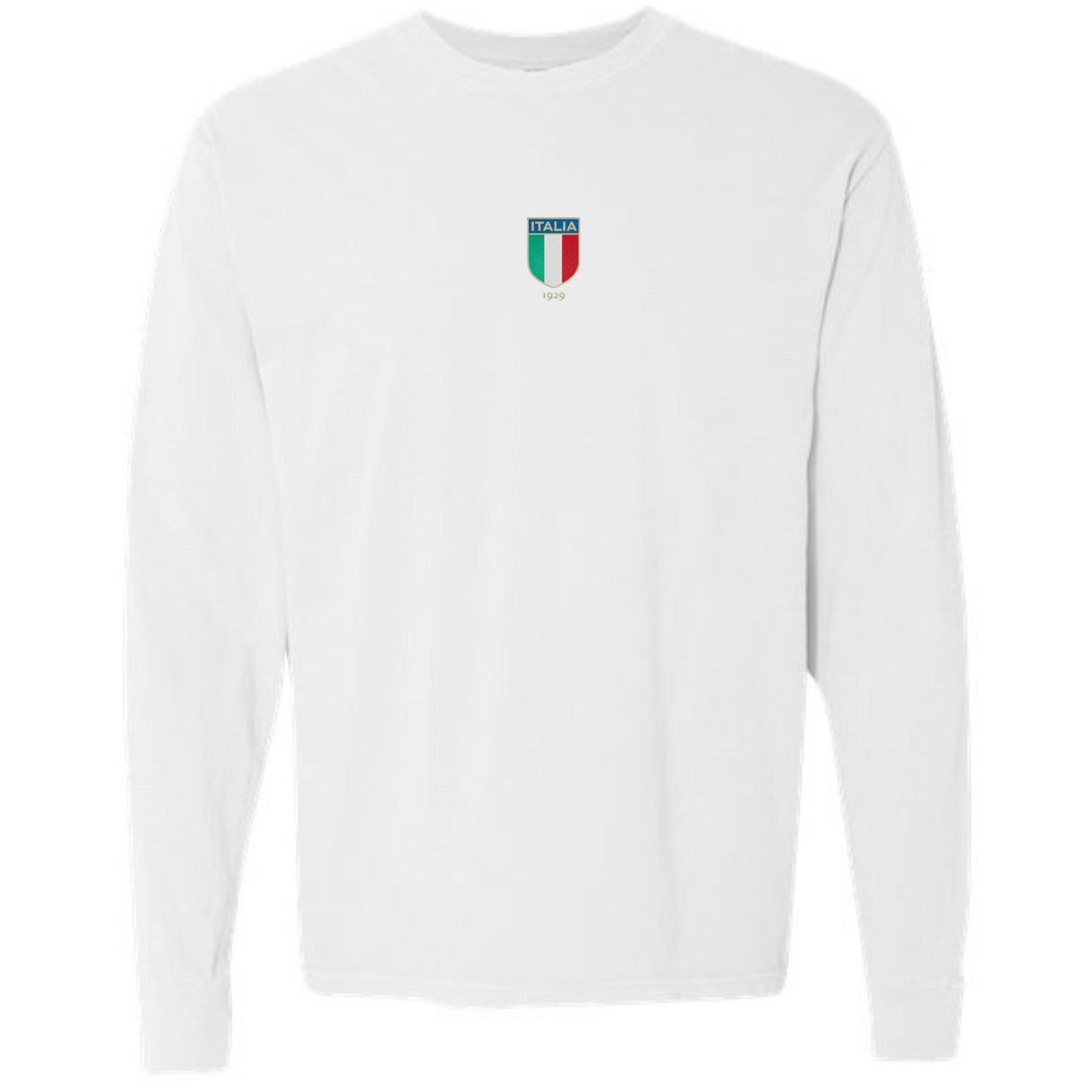 The EMB S&S Activewear Italy Vintage Long Sleeve Comfort Tee features a small Italia crest with Italian flag colors and "ITALIA 1939" text on the upper chest, offering a classic vintage look.