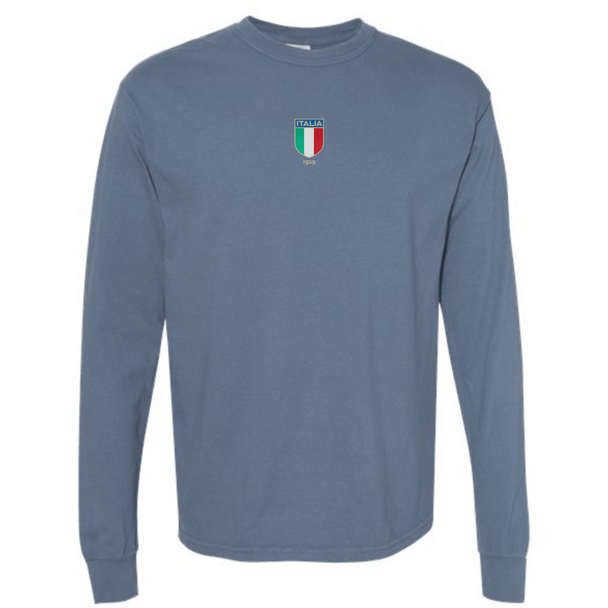 The EMB S&S Activewear Italy Vintage Long Sleeve Comfort Tee features a blue design with the Italia shield logo and "1979" on the left chest.