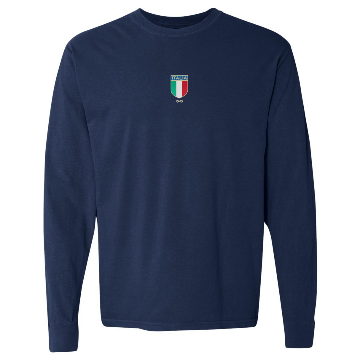 The Italy Vintage Long Sleeve Comfort Tee by EMB S&S Activewear is a navy shirt featuring a small Italia shield logo and “1999” on the chest, adding an authentic vintage Italian vibe.