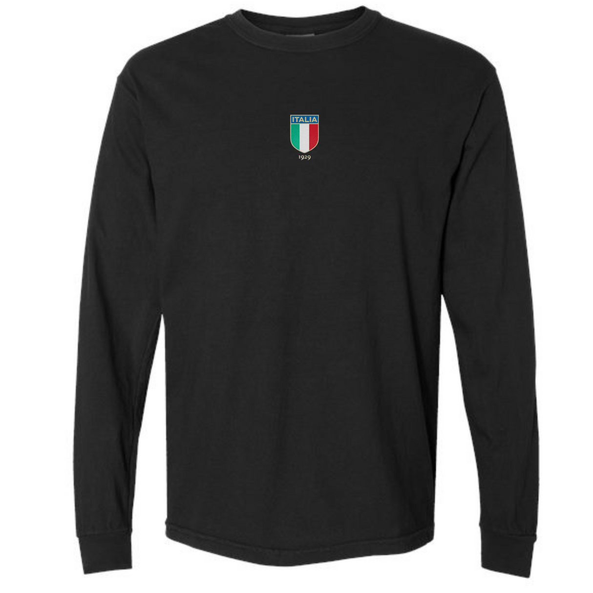 The Italy Vintage Long Sleeve Comfort Tee by EMB S&S Activewear features a black design with a small Italia crest and '1999' on the chest—ideal for fans of Italian vintage style.
