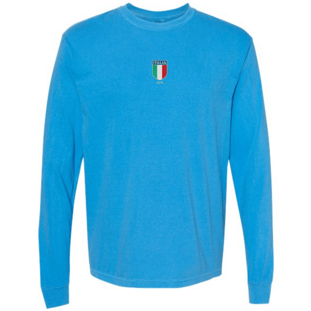 The Italy Vintage Long Sleeve Comfort Tee by EMB S&S Activewear features a light blue color, long sleeves, and a small Italia crest with Italian flag colors and text on the chest for a classic vintage vibe.