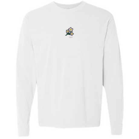 The Japan Vintage Long Sleeve Comfort Tee by EMB S&S Activewear is a white shirt with a small central graphic of purple and yellow flowers above the text "1931," inspired by Japan Vintage style.
