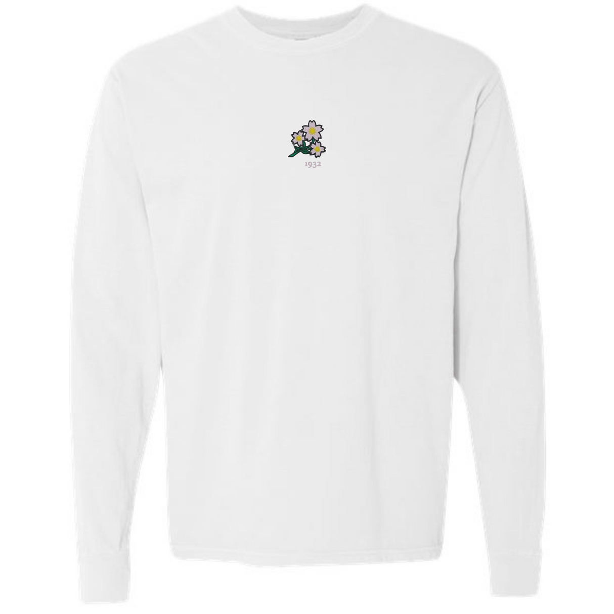 The Japan Vintage Long Sleeve Comfort Tee by EMB S&S Activewear is a white shirt with a small central graphic of purple and yellow flowers above the text "1931," inspired by Japan Vintage style.