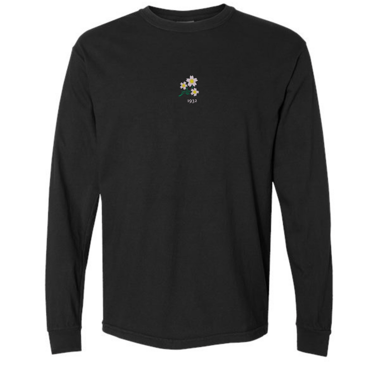 The EMB S&S Activewear Japan Vintage Long Sleeve Comfort Tee features a subtle floral graphic and "1932" text on the upper chest, capturing classic Japanese vintage style.