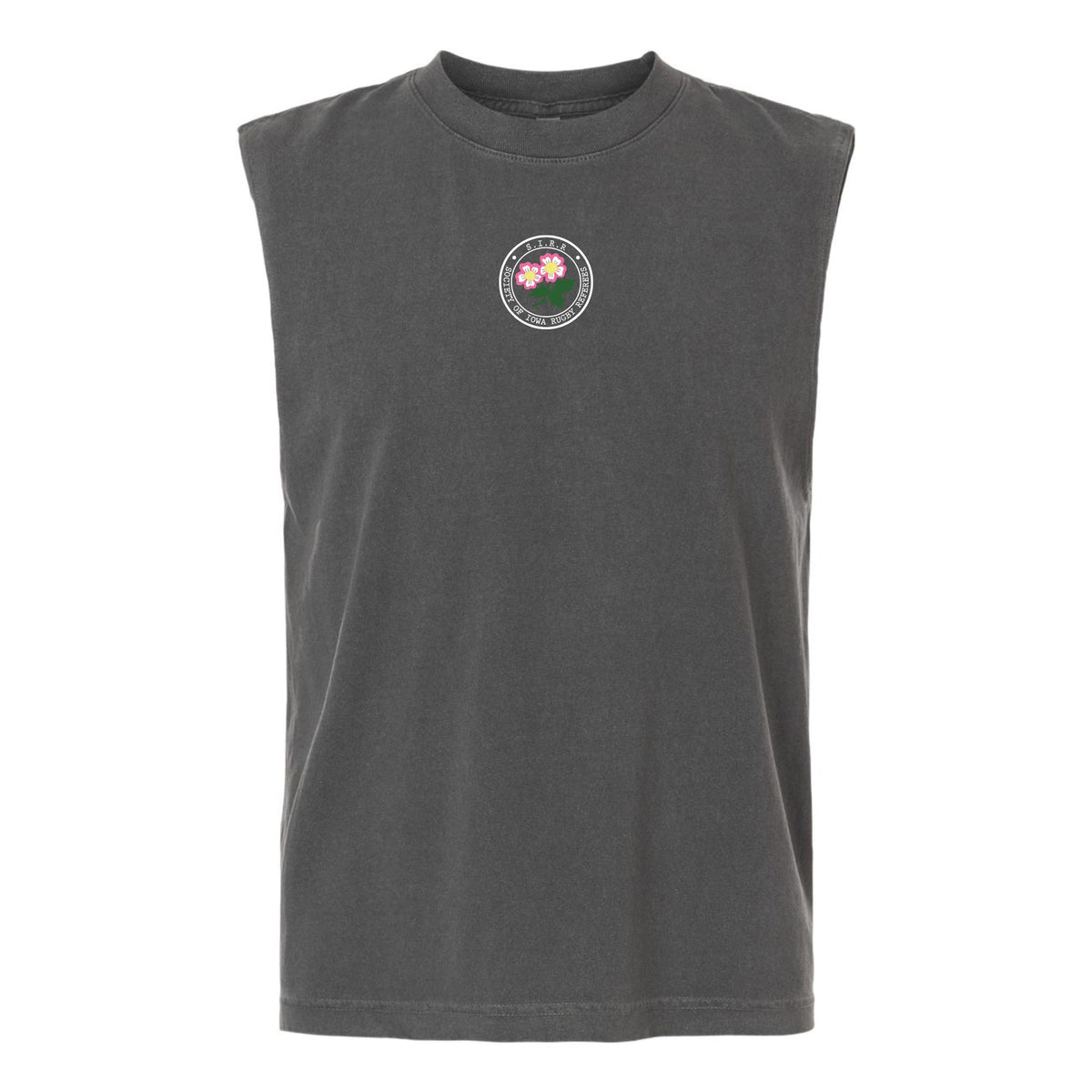 EMB S&S Activewear’s Society of Iowa Rugby Referees Unisex Heavyweight Cotton Garment-Dyed Mid-Length Muscle Tee features a boxy, sleeveless dark gray design crafted for lasting comfort. A small circular logo adorned with pink flowers and green leaves is centered on the chest, offering a versatile garment-dyed style suitable for anyone.