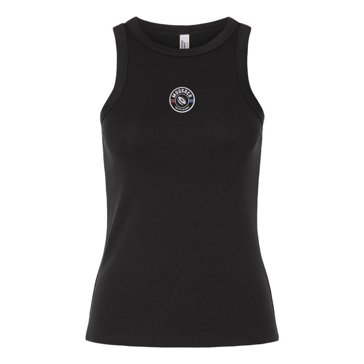 The Women's Mudsock Rugby Club Baby Rib Tank by EMB S&S Activewear is a black sleeveless fitted workout top featuring a small circular "MindSport" eye logo embroidered on the chest.
