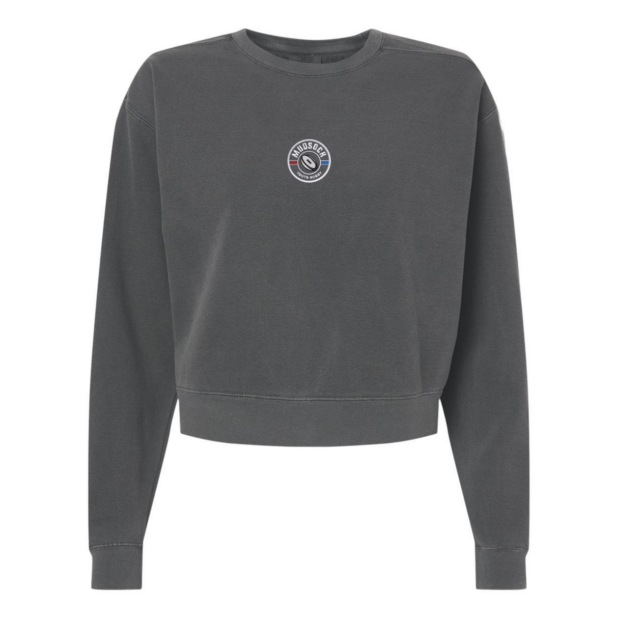 The EMB S&S Activewear Women's Mudsock Rugby Club Mid-Length Crewneck Sweatshirt is garment-dyed charcoal gray with long sleeves and features a small round logo on the chest.