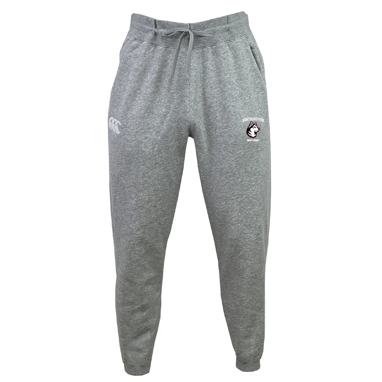 The Twin Island Rugby Leisure Sweatpant by EMB Canterbury features gray organic cotton, an elastic waistband with drawstring, and two embroidered logos on the left and right thigh.