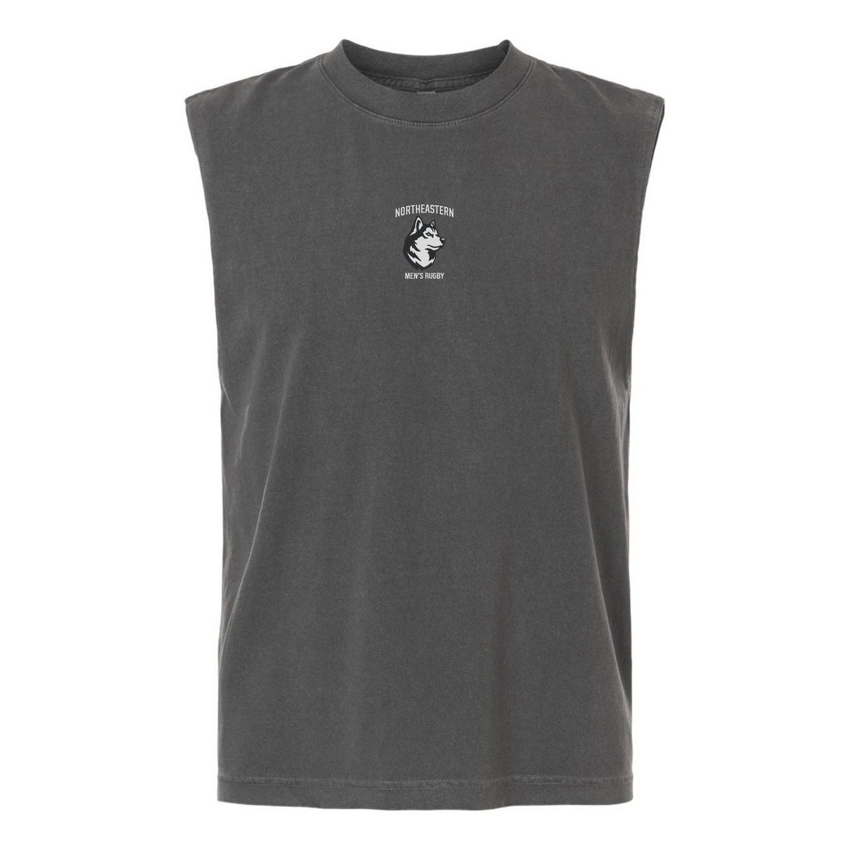 The Northeastern University Rugby Unisex Muscle Tee by EMB S&S Activewear is a sleeveless dark gray top with a small "Northeastern University Rugby" logo and graphic centered on the chest.